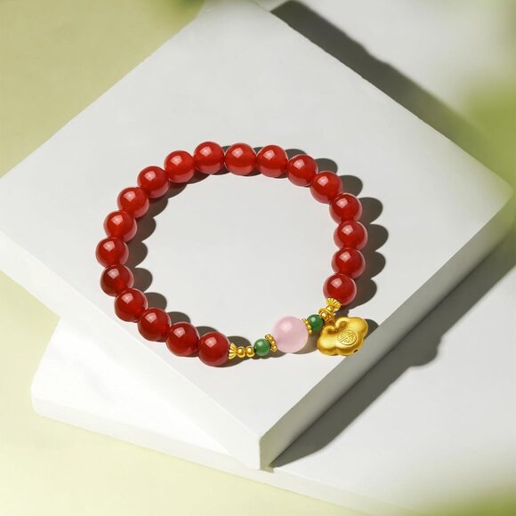 Sterling Silver Red Agate Beaded Ruyi Stretch Bracelets for Women - Handmade Nat - Picture 5 of 7